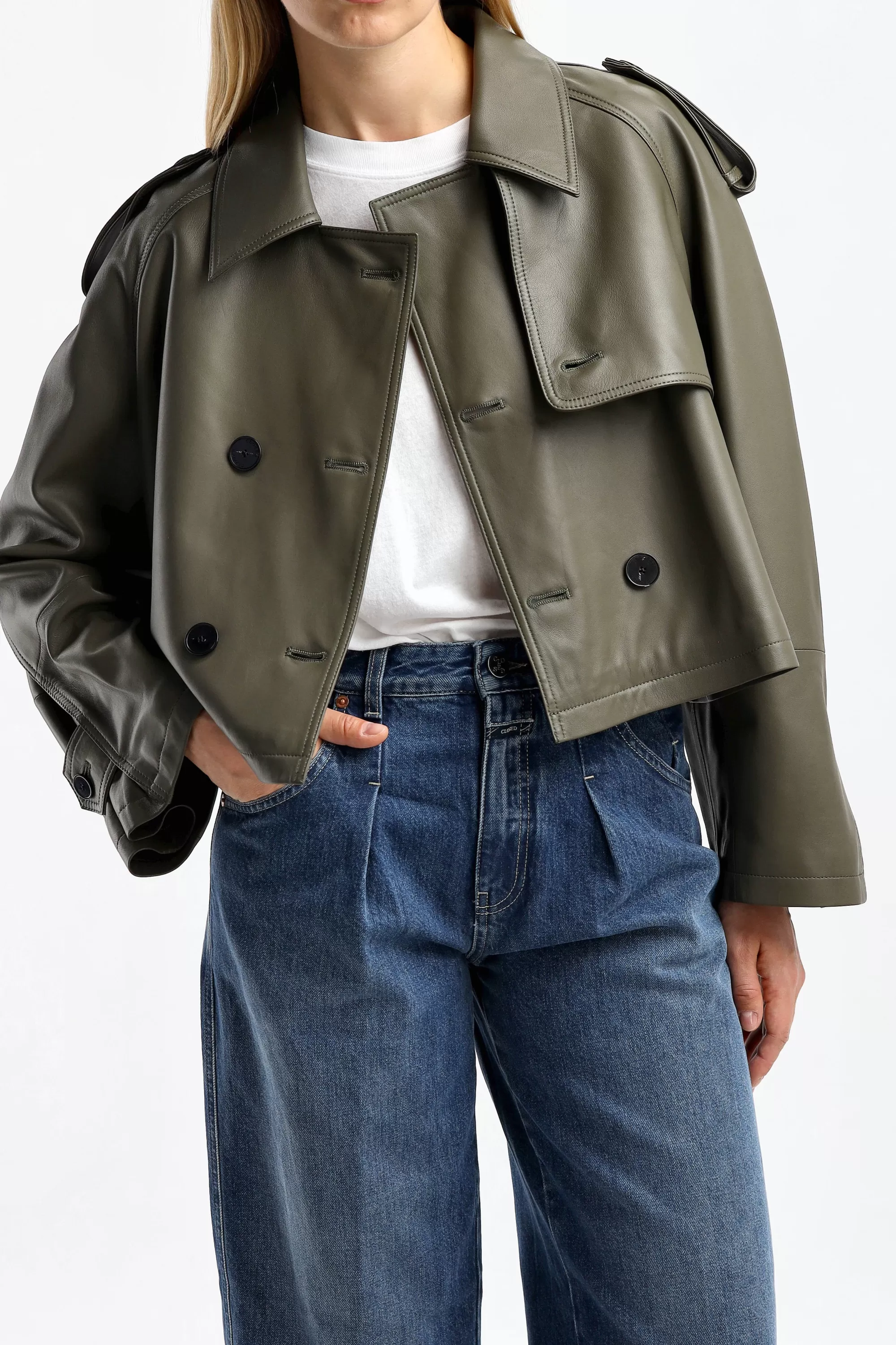 Frauen Closed Jacke Cropped Trench In Army Green