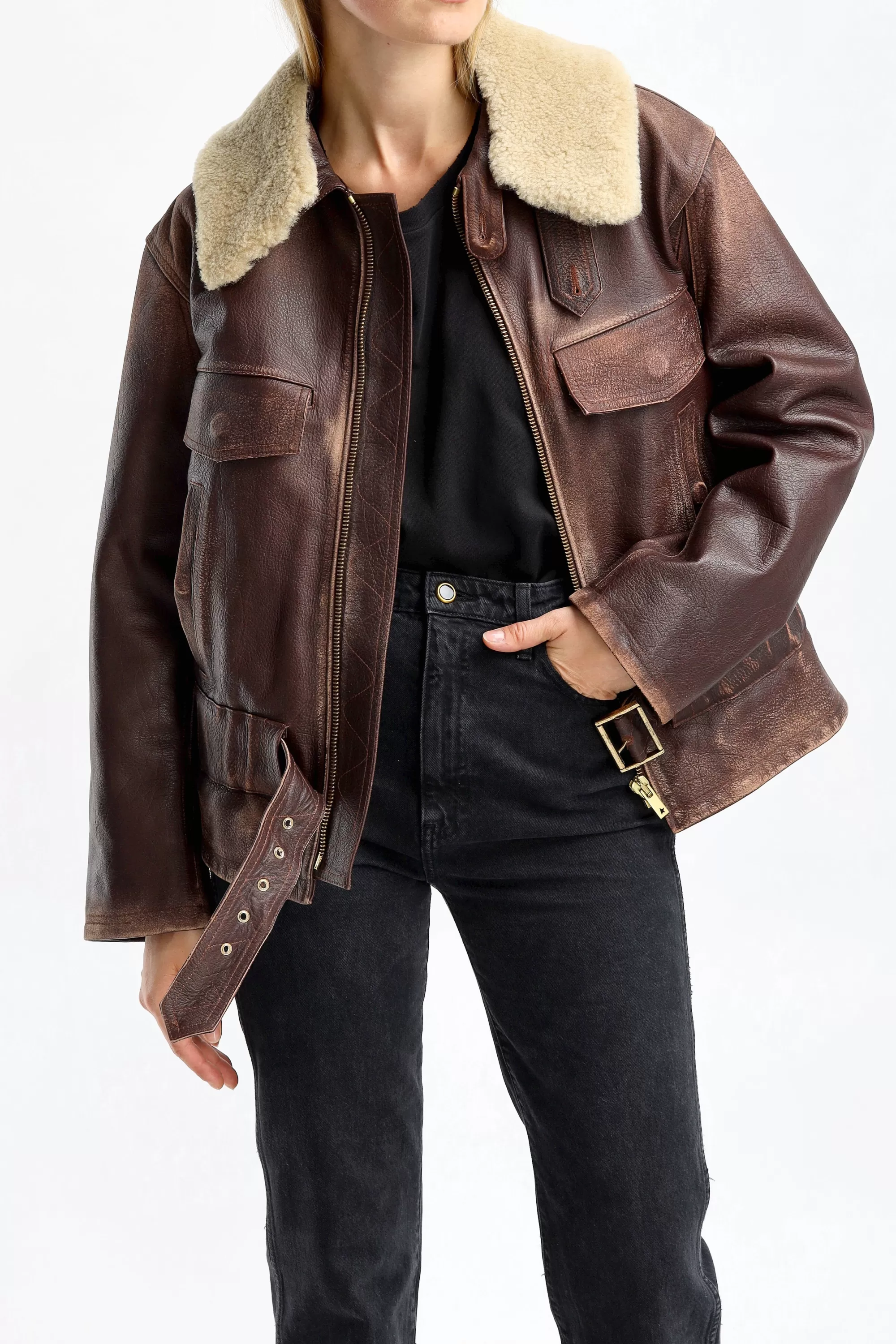 Frauen Golden Goose Lederjacke Aviator In Sassafras