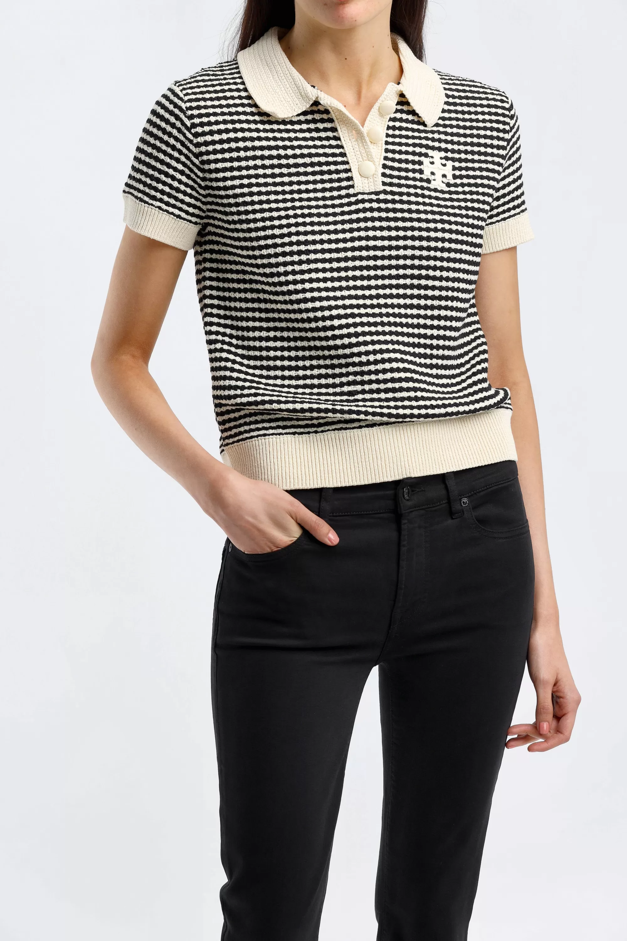 Frauen Tory Burch Polohemd Crochet In French/Schwarz