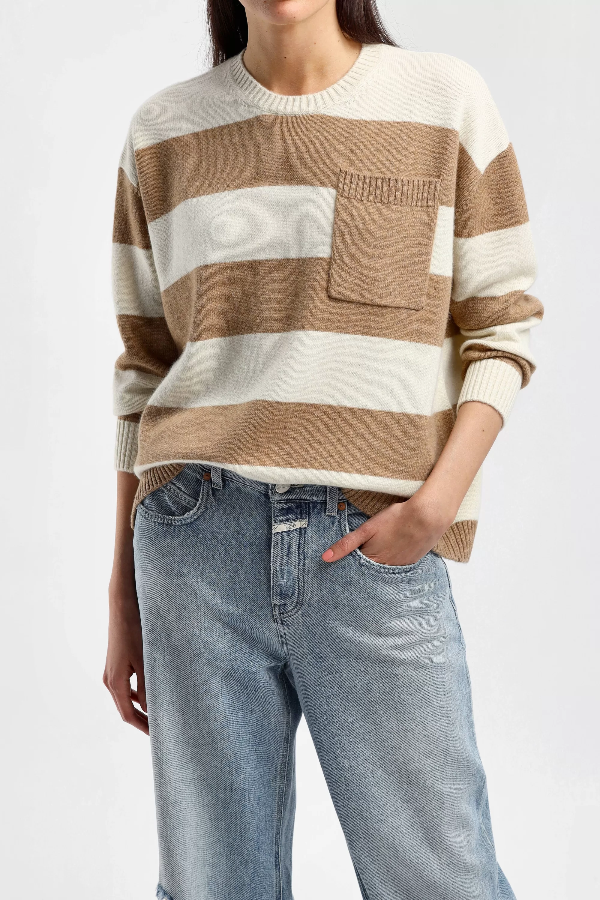 Frauen Ladneri Pullover Stripes In Taupe/Weis