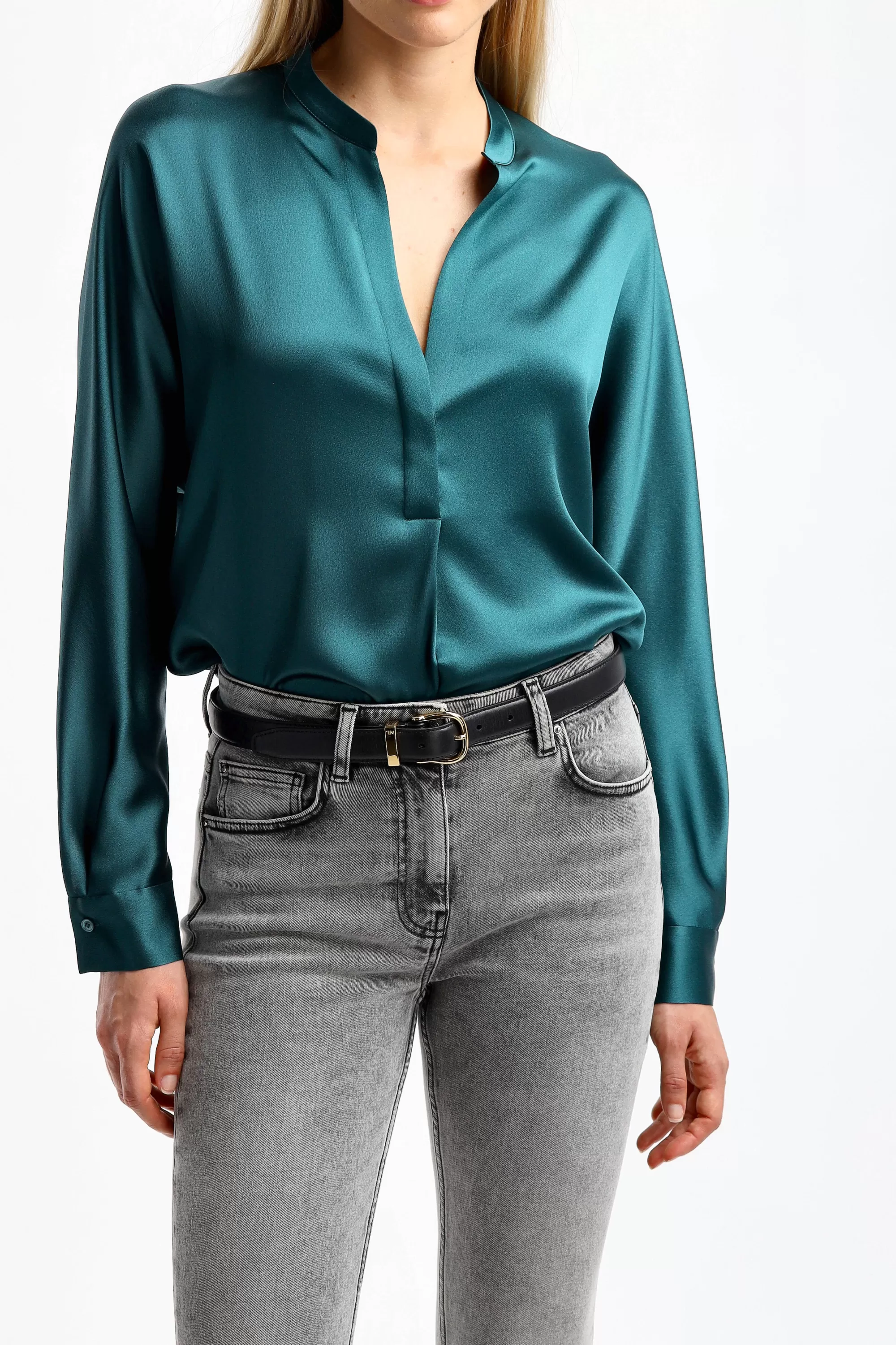 Frauen Vince Seidenbluse Band Collar In Deep Kelp