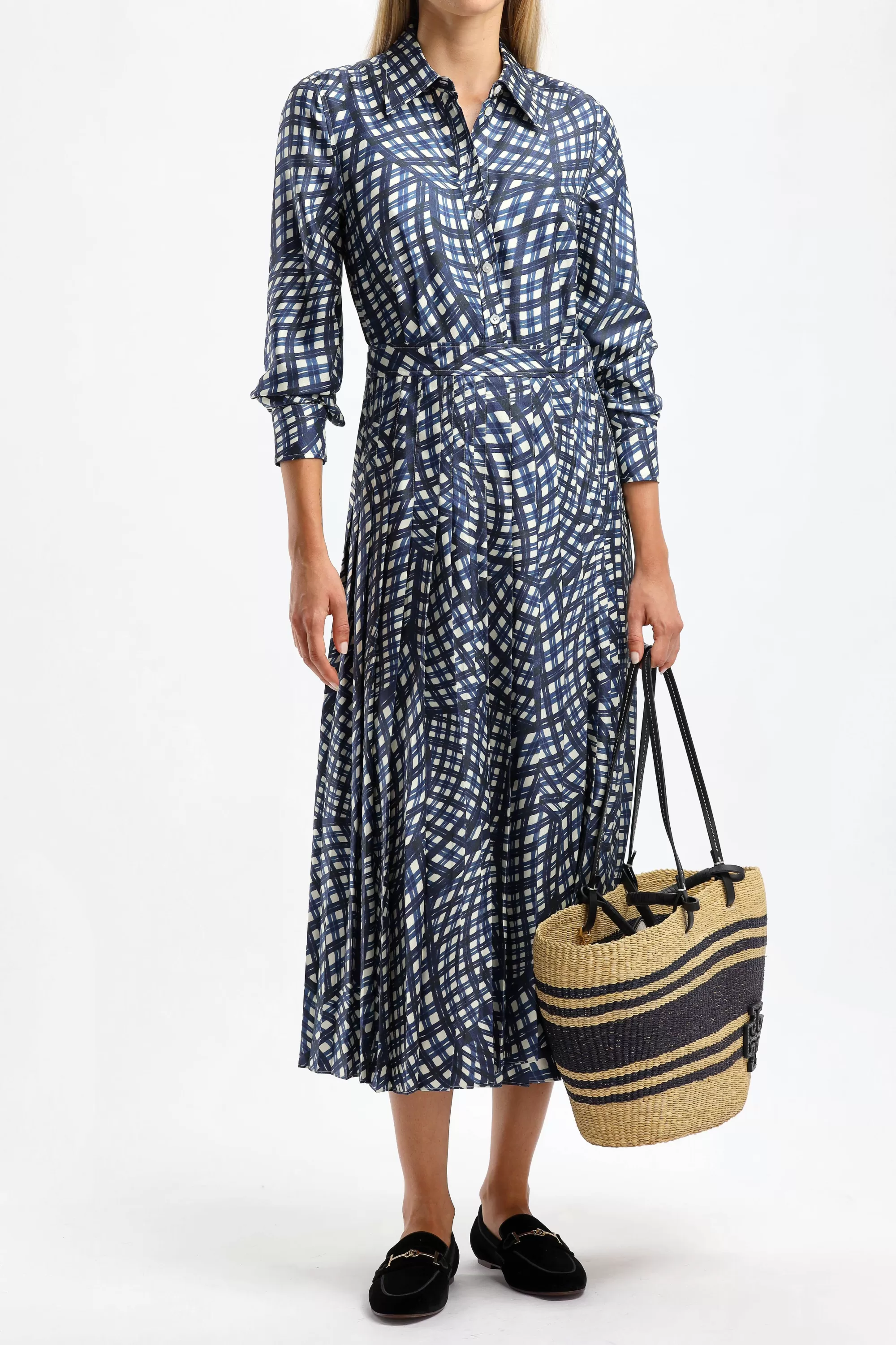 Frauen Tory Burch Seidenkleid In Navy Warped Gingham